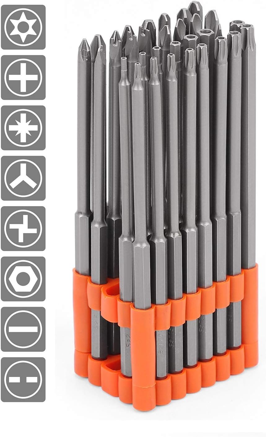 32-piece extra long screwdriver bit set with 6-inch S2 steel bits and orange organizer, including Torx, Phillips, Slotted, Hex, and tamperproof security tips.