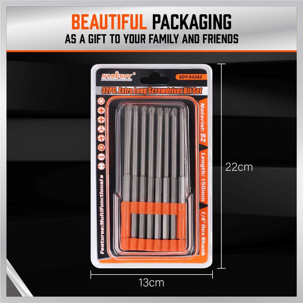 32-piece extra long screwdriver bit set with 6-inch S2 steel bits and orange organizer, including Torx, Phillips, Slotted, Hex, and tamperproof security tips.