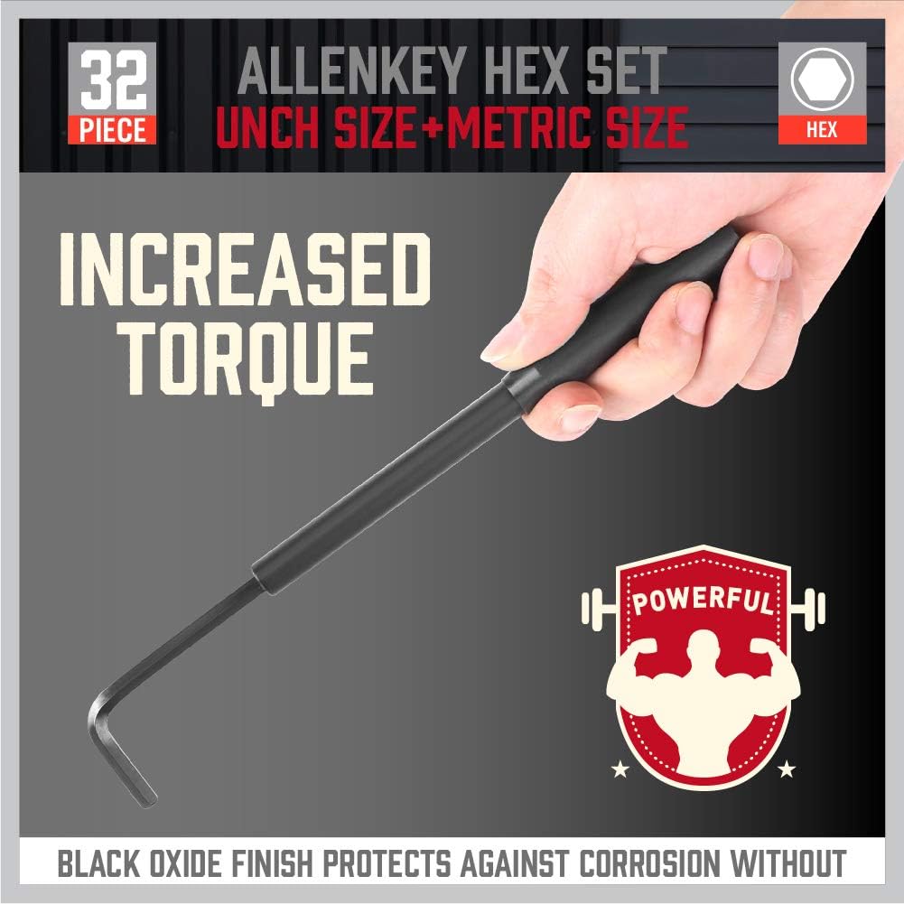 32-piece SAE & Metric Allen Key Hex Set with black oxide finish for corrosion resistance and high durability.