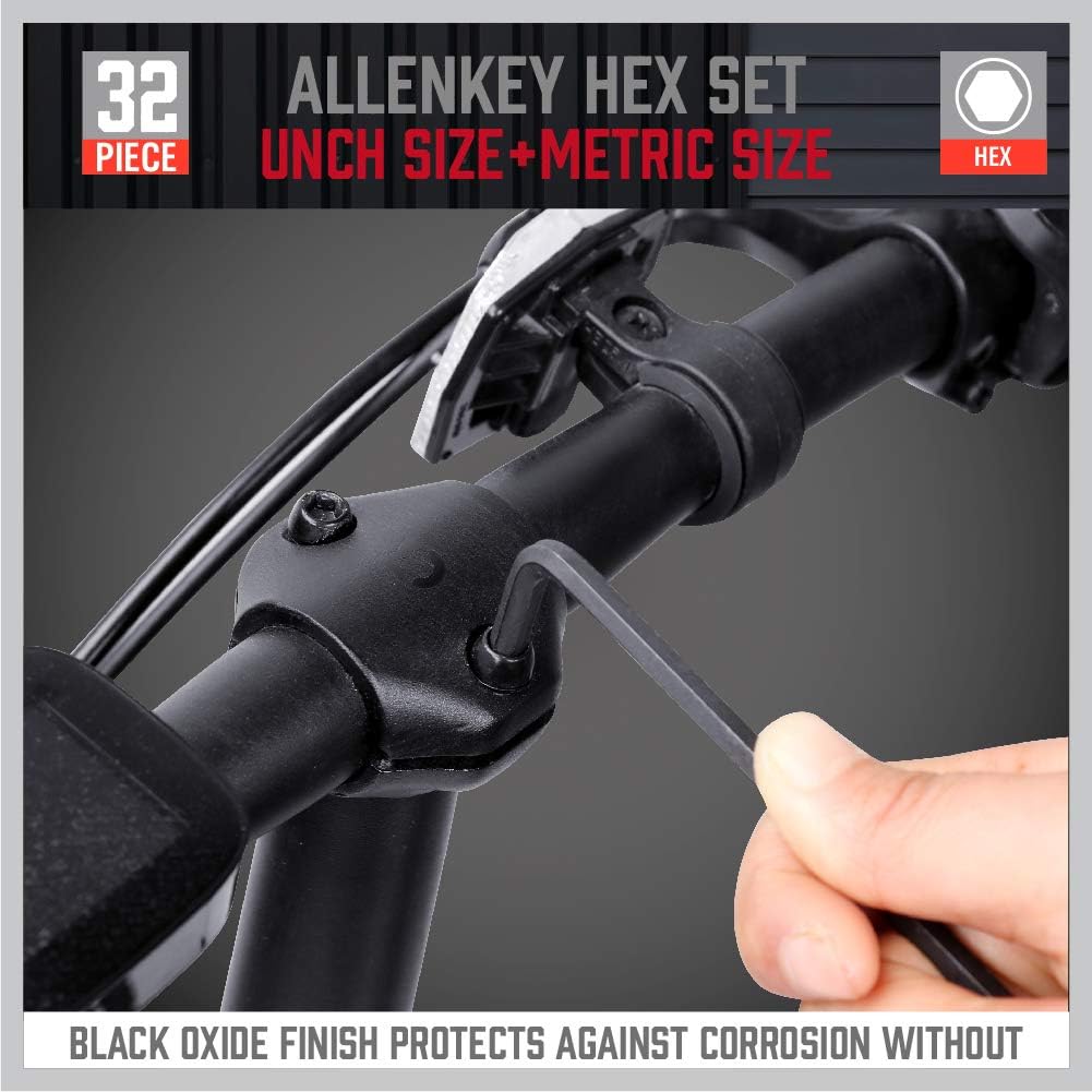 32-piece SAE & Metric Allen Key Hex Set with black oxide finish for corrosion resistance and high durability.