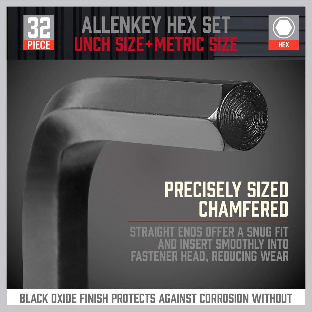 32-piece SAE & Metric Allen Key Hex Set with black oxide finish for corrosion resistance and high durability.