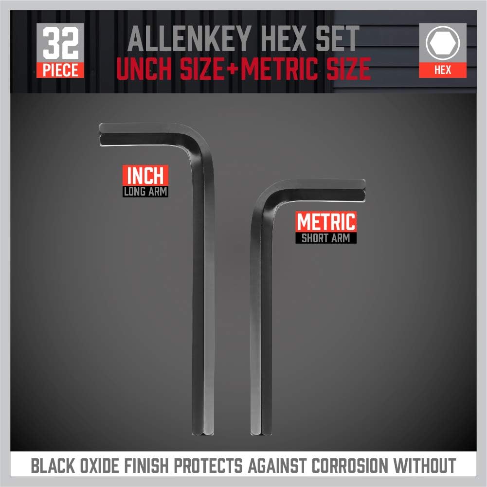 32-piece SAE & Metric Allen Key Hex Set with black oxide finish for corrosion resistance and high durability.