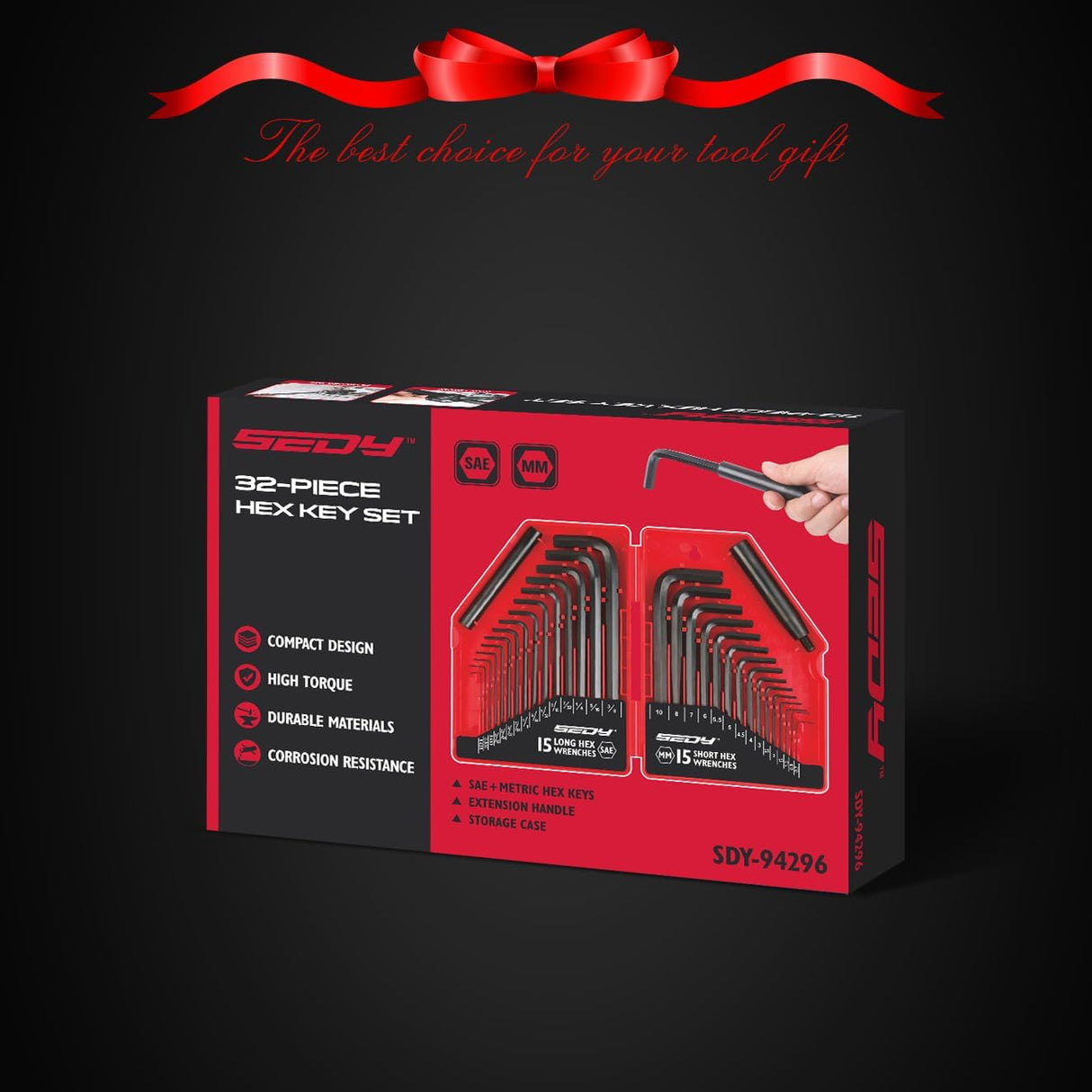 32-piece SAE & Metric Allen Key Hex Set with black oxide finish for corrosion resistance and high durability.