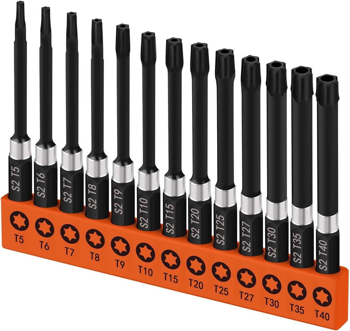 HORUSDY 13-piece magnetic Torx screwdriver bit set with 75mm long S2 steel bits from T5 to T40, compatible with drills and impact drivers for home or industrial use.