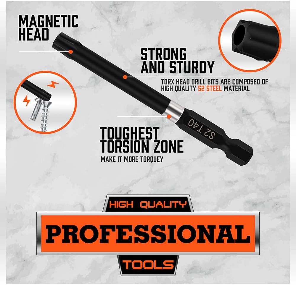 HORUSDY 13-piece magnetic Torx screwdriver bit set with 75mm long S2 steel bits from T5 to T40, compatible with drills and impact drivers for home or industrial use.