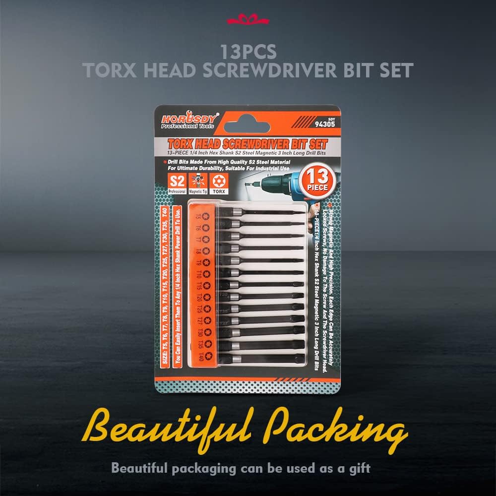 HORUSDY 13-piece magnetic Torx screwdriver bit set with 75mm long S2 steel bits from T5 to T40, compatible with drills and impact drivers for home or industrial use.