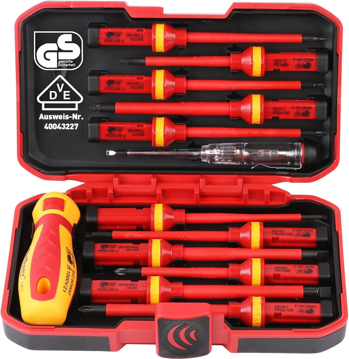 HORUSDY 13-piece insulated screwdriver set with magnetic tips, interchangeable blades, ergonomic handle, and 1000V voltage tester in red hard case