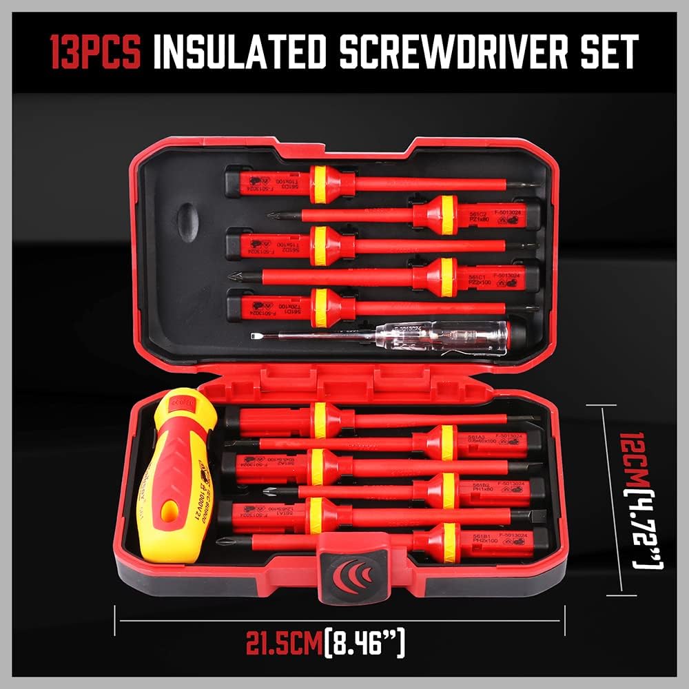 HORUSDY 13-piece insulated screwdriver set with magnetic tips, interchangeable blades, ergonomic handle, and 1000V voltage tester in red hard case