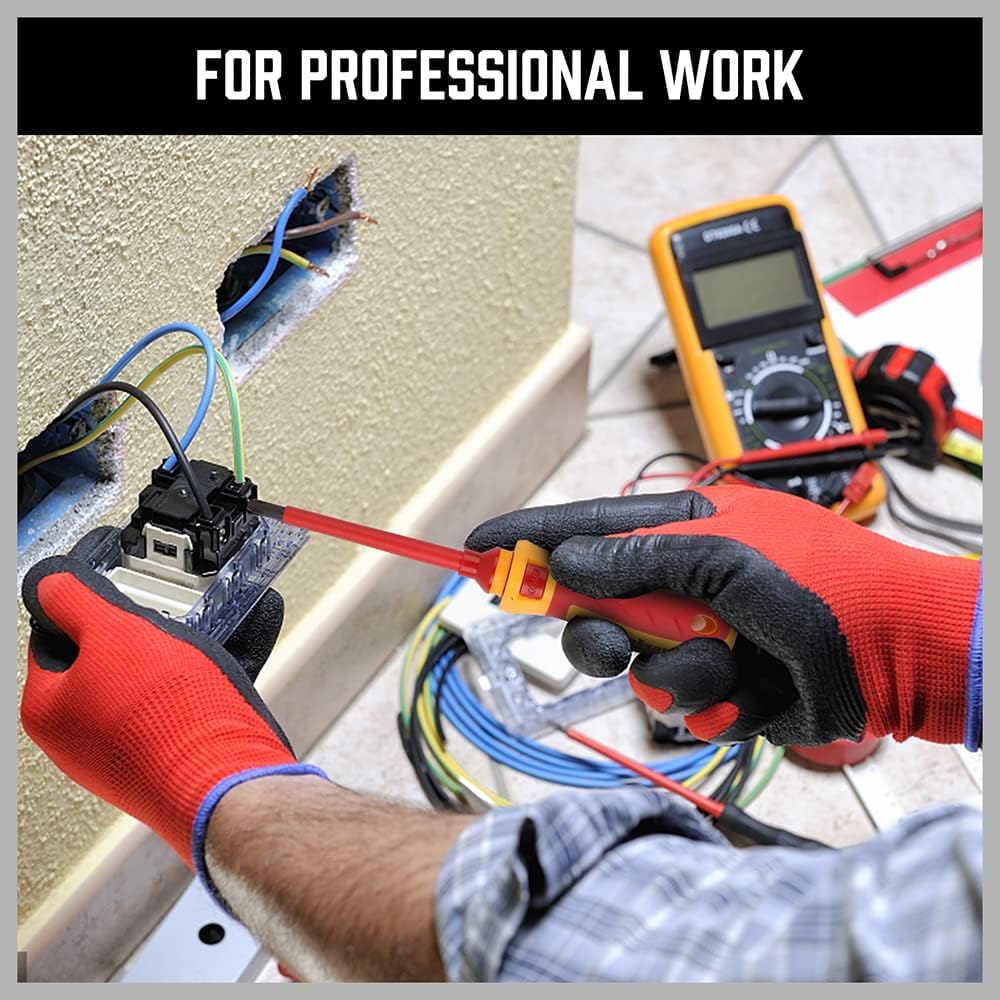 HORUSDY 13-piece insulated screwdriver set with magnetic tips, interchangeable blades, ergonomic handle, and 1000V voltage tester in red hard case