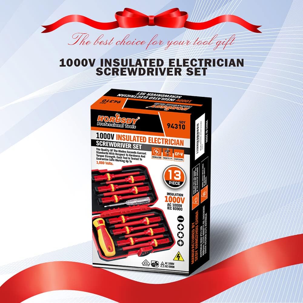 HORUSDY 13-piece insulated screwdriver set with magnetic tips, interchangeable blades, ergonomic handle, and 1000V voltage tester in red hard case
