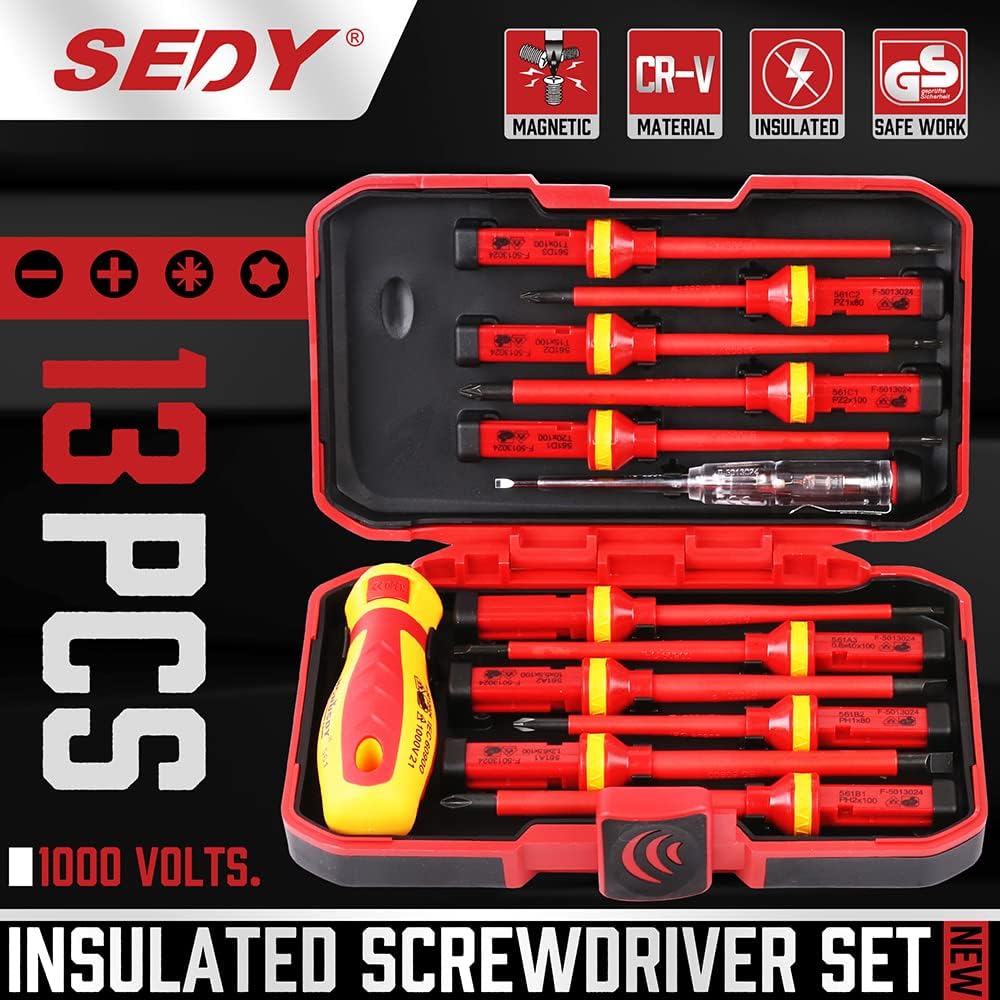 HORUSDY 13-piece insulated screwdriver set with magnetic tips, interchangeable blades, ergonomic handle, and 1000V voltage tester in red hard case