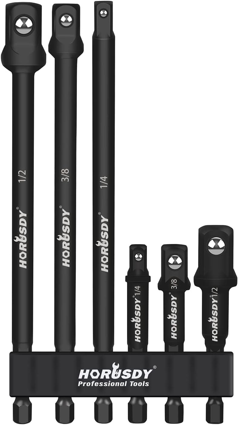 Black HORUSDY 1/4 inch hex impact socket adapter set for power drills and drivers, 6-piece CR-V steel extensions