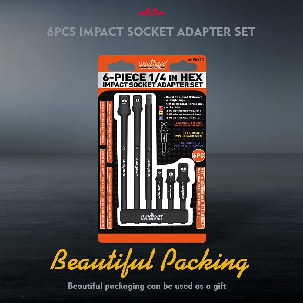 Black HORUSDY 1/4 inch hex impact socket adapter set for power drills and drivers, 6-piece CR-V steel extensions