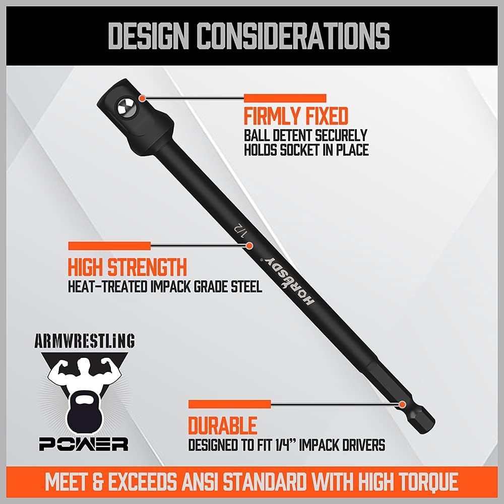Black HORUSDY 1/4 inch hex impact socket adapter set for power drills and drivers, 6-piece CR-V steel extensions