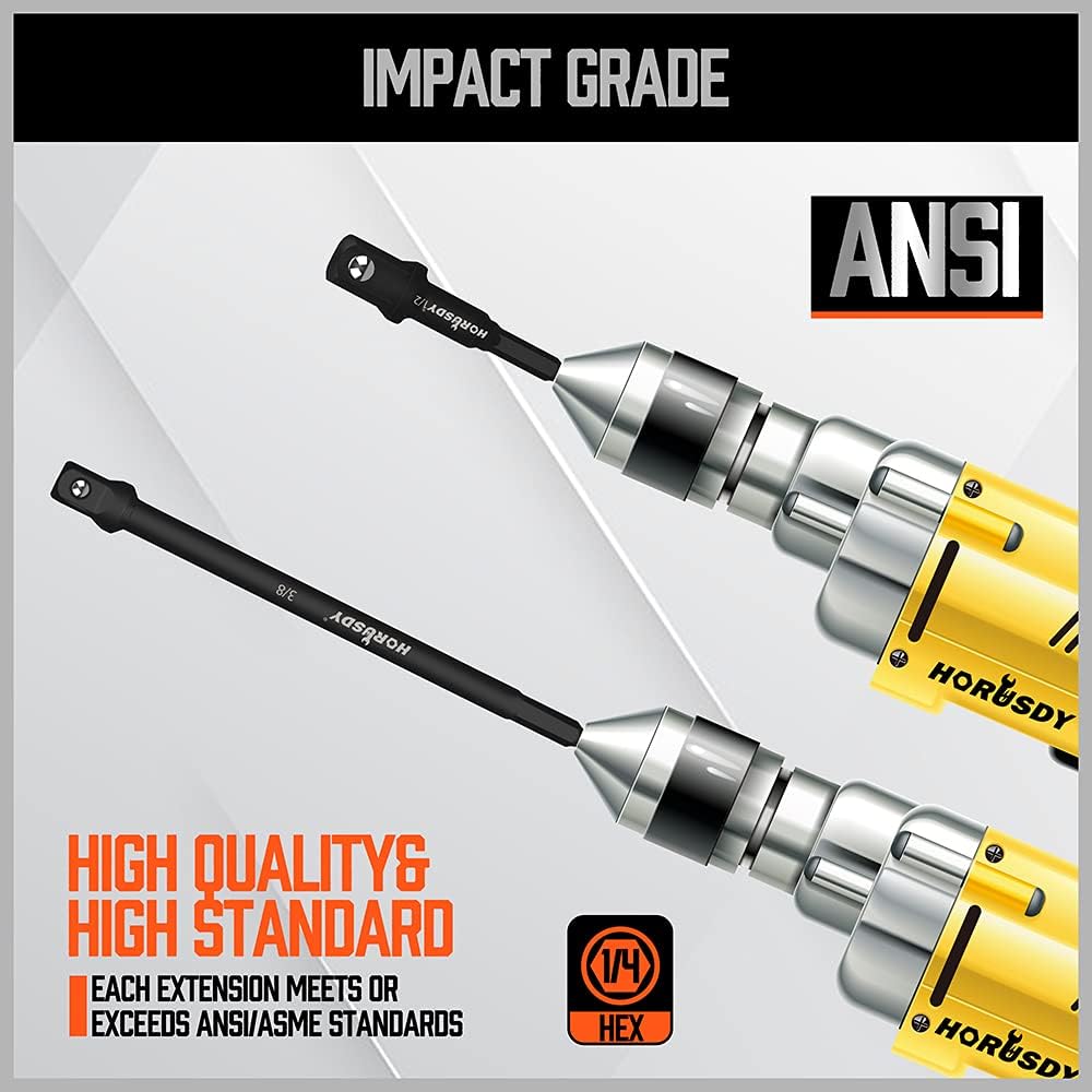 Black HORUSDY 1/4 inch hex impact socket adapter set for power drills and drivers, 6-piece CR-V steel extensions