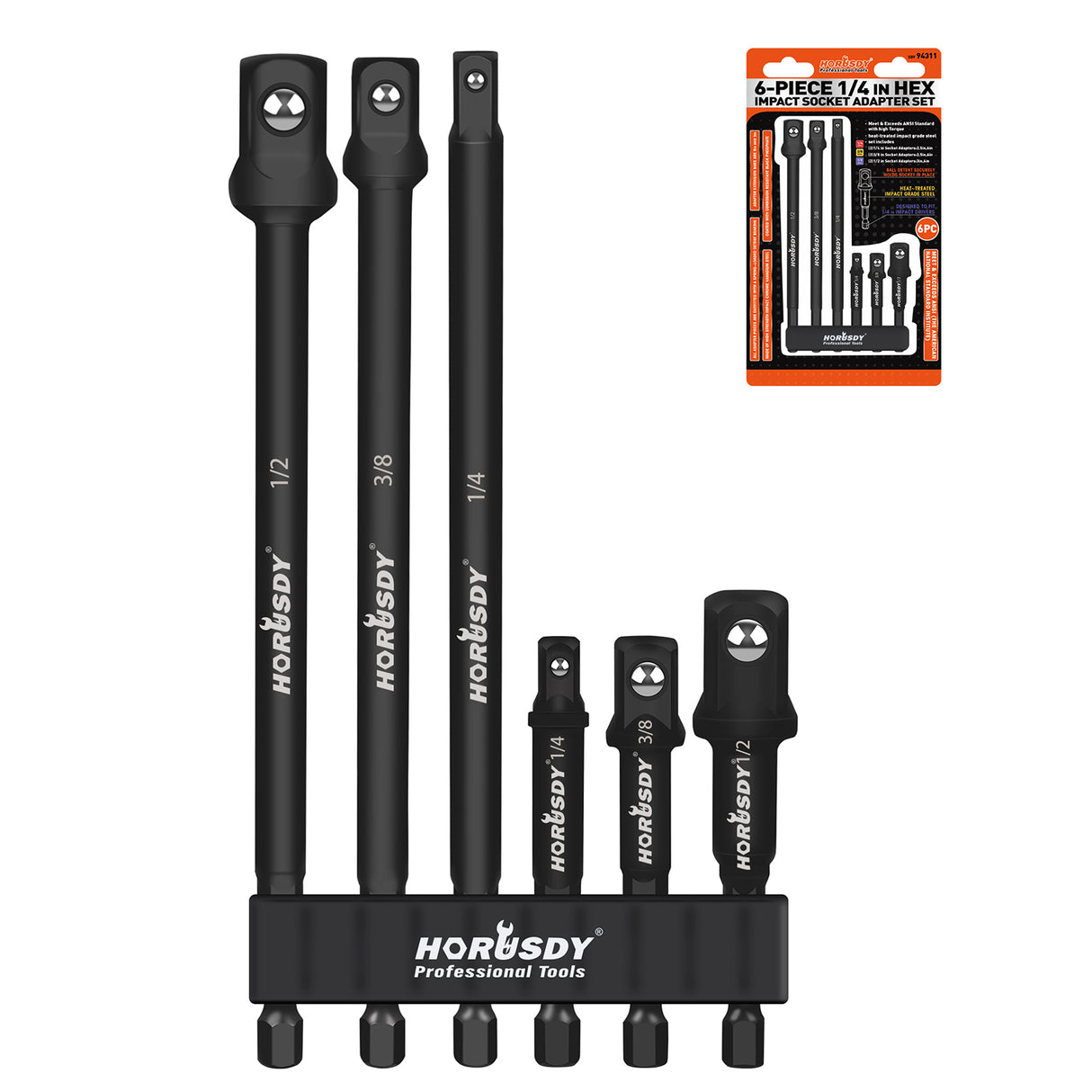 Black HORUSDY 1/4 inch hex impact socket adapter set for power drills and drivers, 6-piece CR-V steel extensions