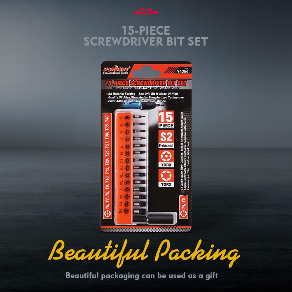 HORUSDY 15-piece Torx screwdriver bit set with S2 steel construction, includes T4–T40 bits and 60mm magnetic bit holder, ideal for precision repair tasks.