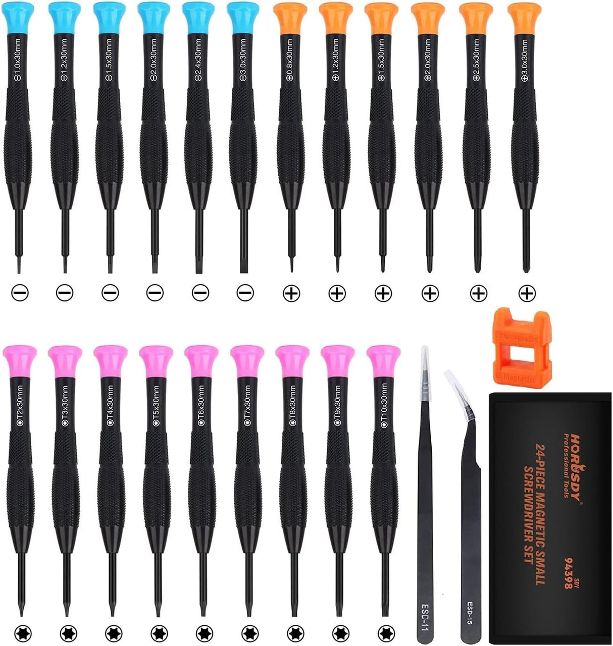 HORUSDY 24-piece precision magnetic screwdriver set with mini Torx, Phillips, and flathead tips, CR-V steel, tweezers, and magnetizer in roll-up case