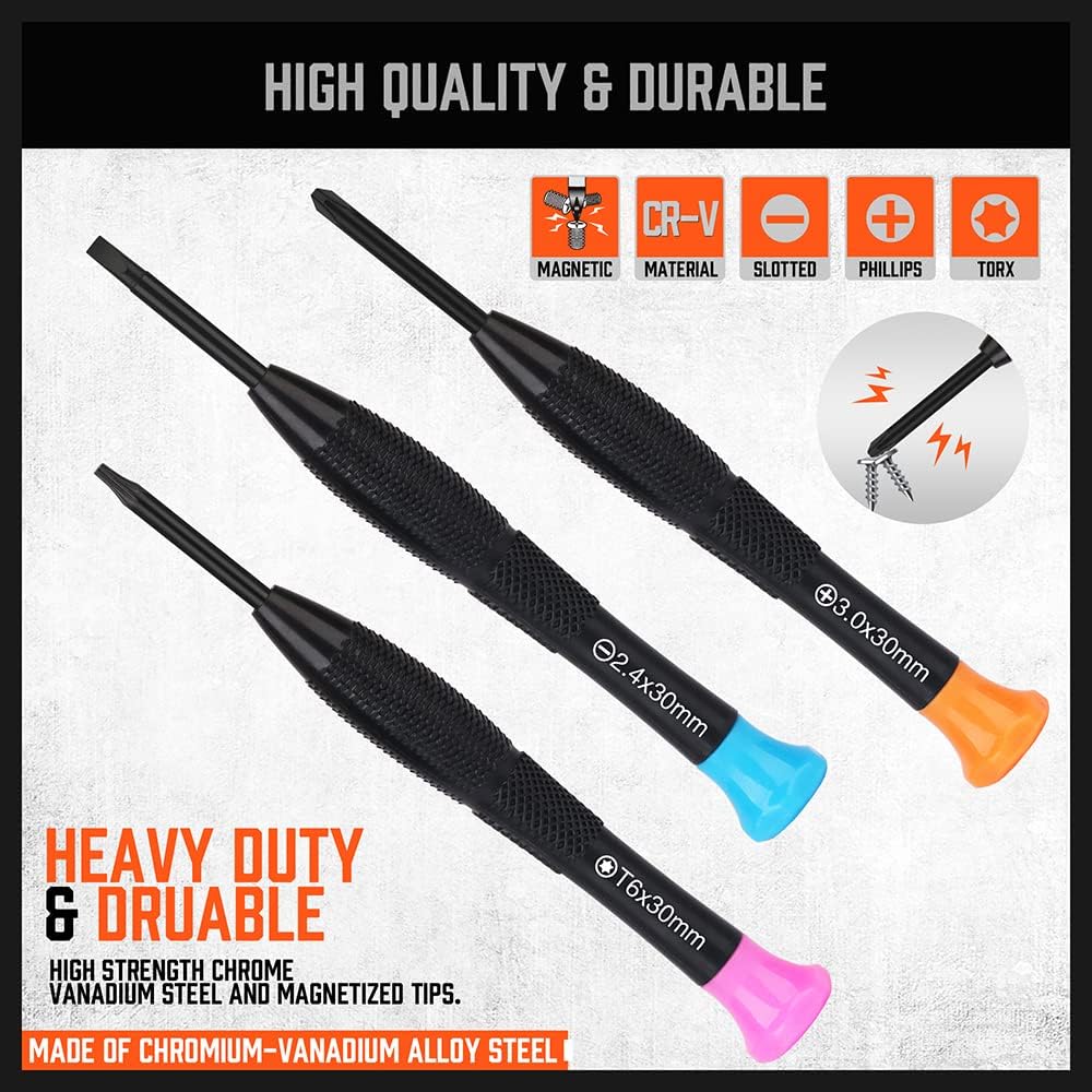 HORUSDY 24-piece precision magnetic screwdriver set with mini Torx, Phillips, and flathead tips, CR-V steel, tweezers, and magnetizer in roll-up case