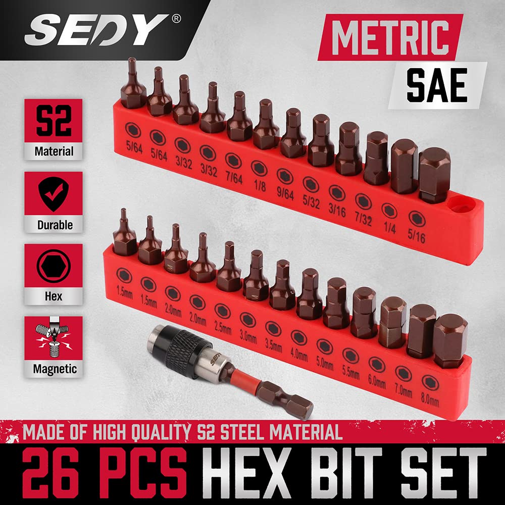 26-Piece Hex Bit Set with SAE & Metric Sizes, Magnetic Design, S2 Steel