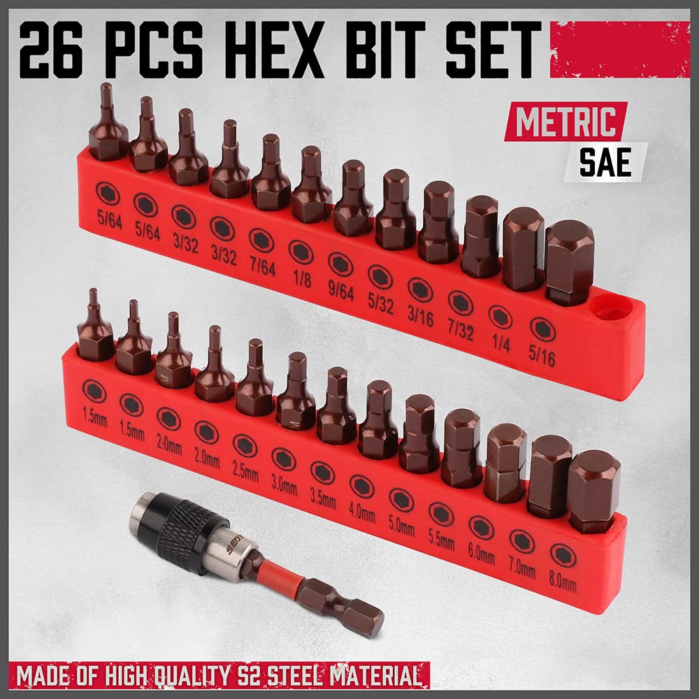 26-Piece Hex Bit Set with SAE & Metric Sizes, Magnetic Design, S2 Steel