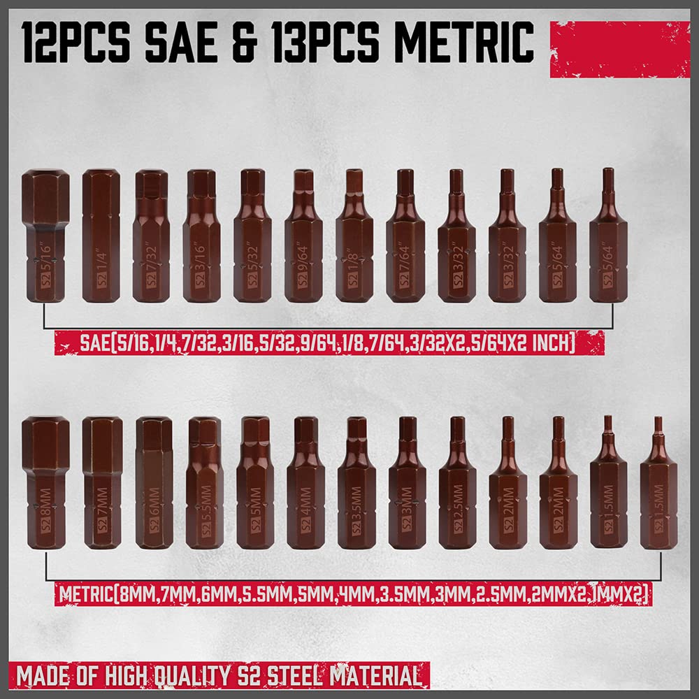 26-Piece Hex Bit Set with SAE & Metric Sizes, Magnetic Design, S2 Steel