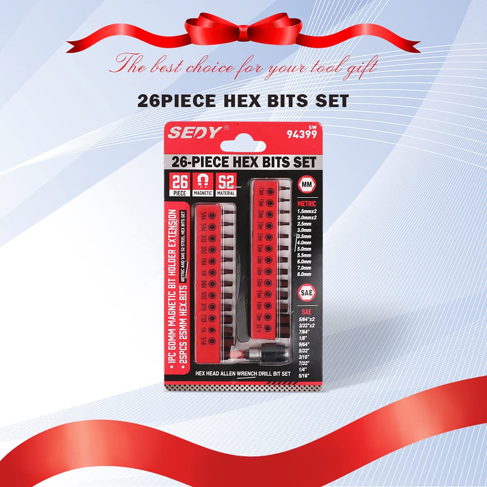 26-Piece Hex Bit Set with SAE & Metric Sizes, Magnetic Design, S2 Steel