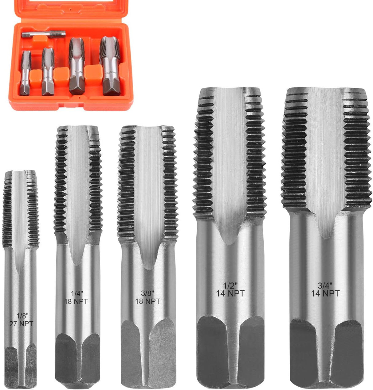 HORUSDY 5-piece carbon steel NPT pipe tap set with orange storage case for threading cast iron, aluminum, brass, and plastic