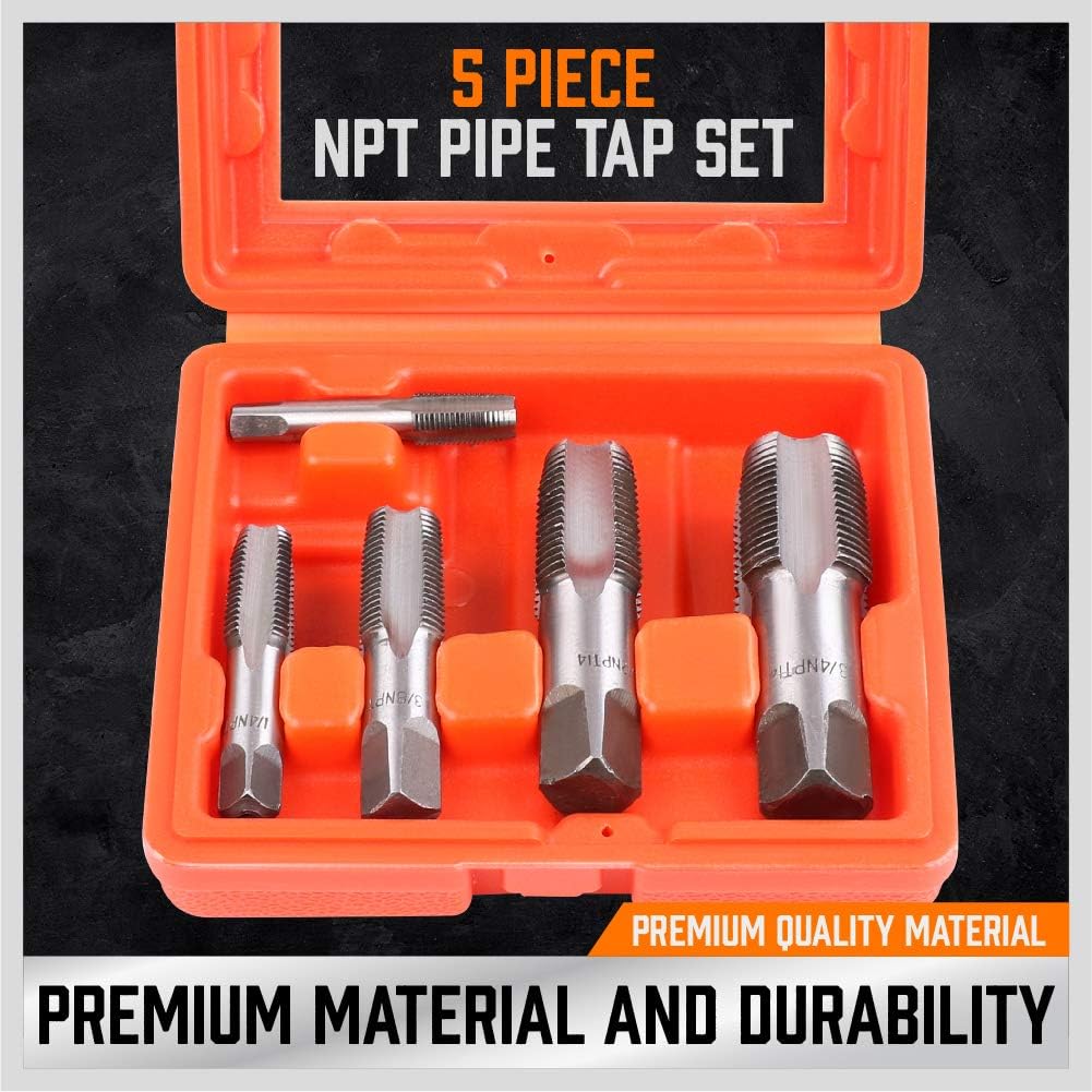 HORUSDY 5-piece carbon steel NPT pipe tap set with orange storage case for threading cast iron, aluminum, brass, and plastic
