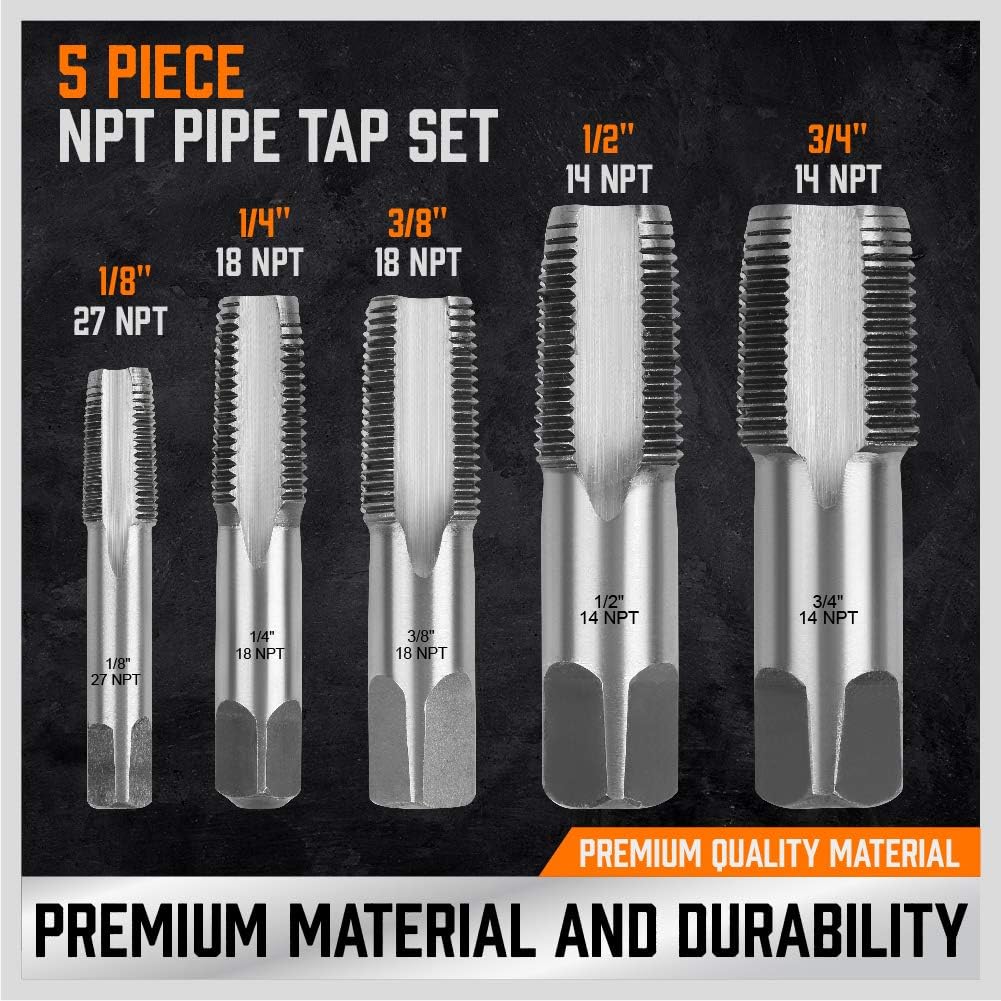 HORUSDY 5-piece carbon steel NPT pipe tap set with orange storage case for threading cast iron, aluminum, brass, and plastic