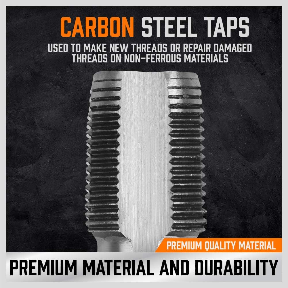 HORUSDY 5-piece carbon steel NPT pipe tap set with orange storage case for threading cast iron, aluminum, brass, and plastic