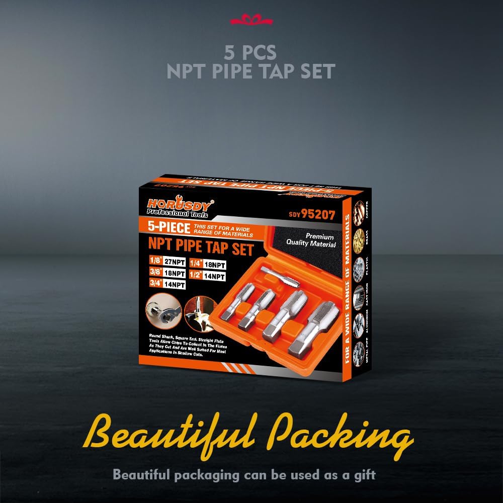 HORUSDY 5-piece carbon steel NPT pipe tap set with orange storage case for threading cast iron, aluminum, brass, and plastic