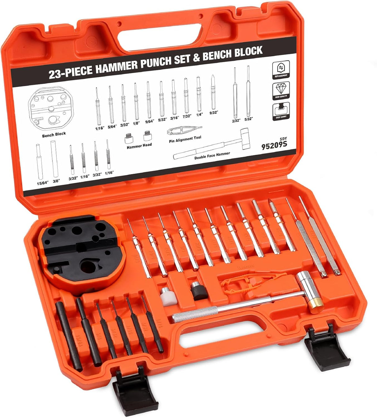 HORUSDY 23-piece gunsmith hammer and punch set with magnetic bench block and multi-material punch tips in orange storage case.