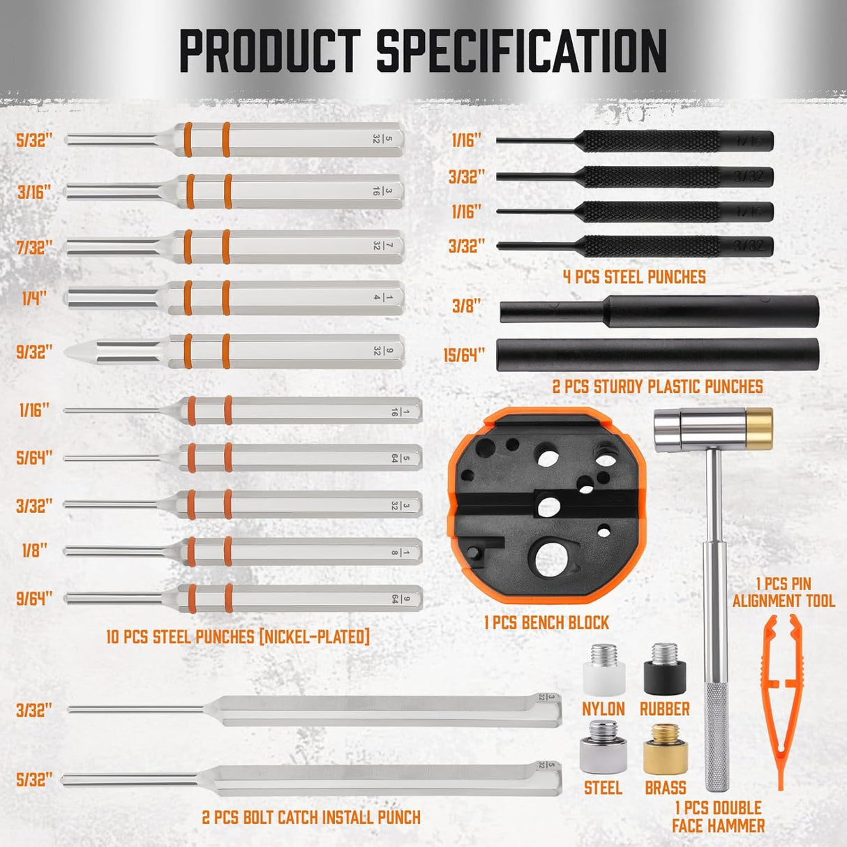 HORUSDY 23-piece gunsmith hammer and punch set with magnetic bench block and multi-material punch tips in orange storage case.