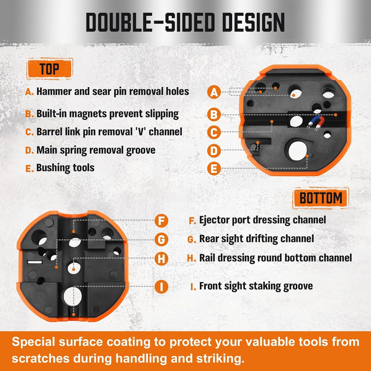 HORUSDY 23-piece gunsmith hammer and punch set with magnetic bench block and multi-material punch tips in orange storage case.