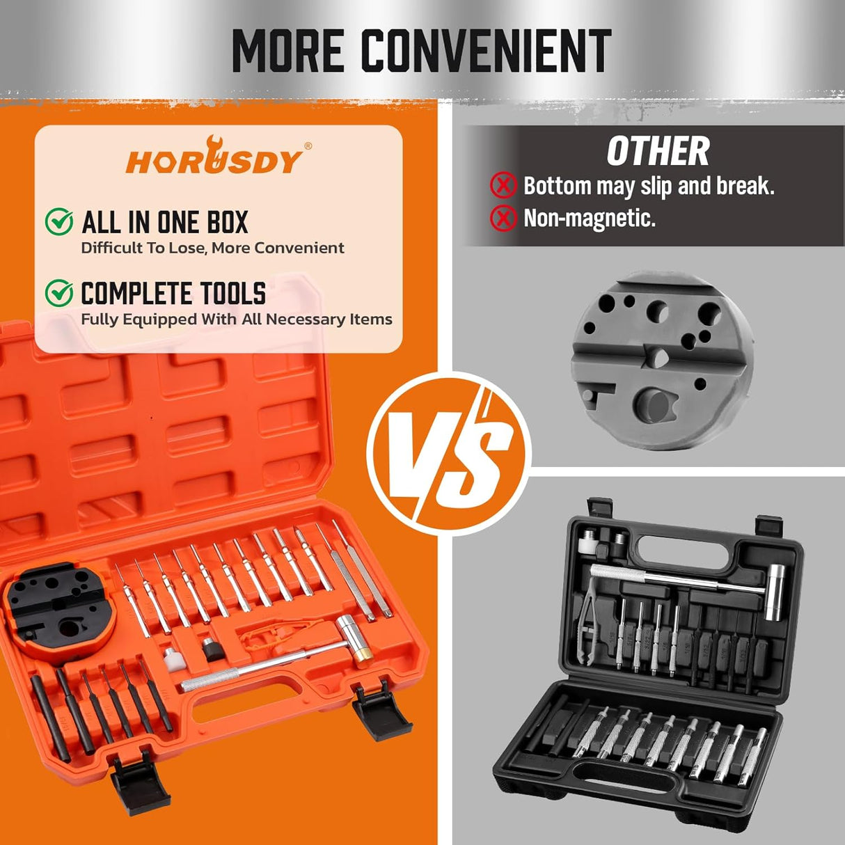 HORUSDY 23-piece gunsmith hammer and punch set with magnetic bench block and multi-material punch tips in orange storage case.