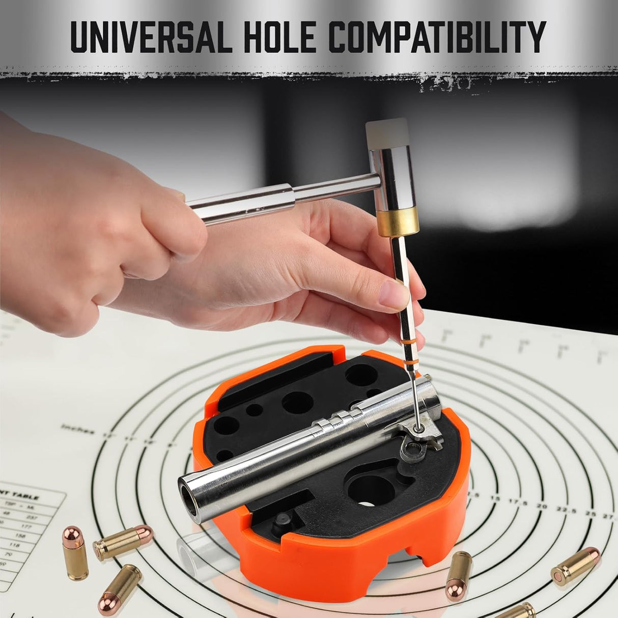 HORUSDY 23-piece gunsmith hammer and punch set with magnetic bench block and multi-material punch tips in orange storage case.