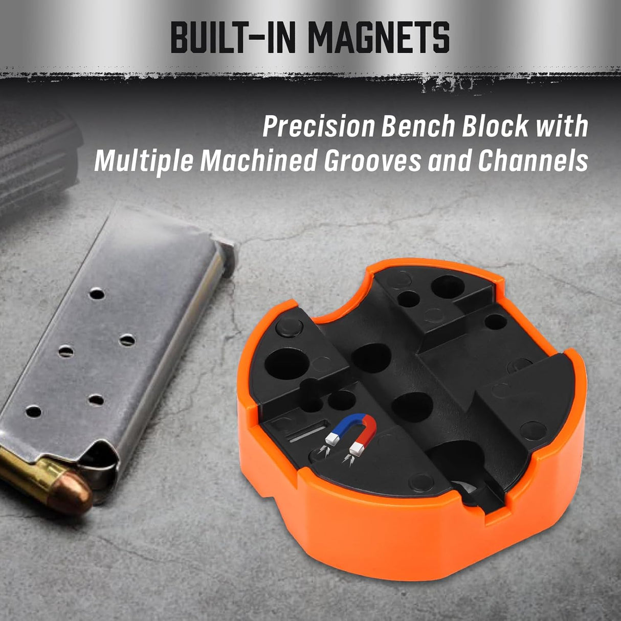 HORUSDY 23-piece gunsmith hammer and punch set with magnetic bench block and multi-material punch tips in orange storage case.