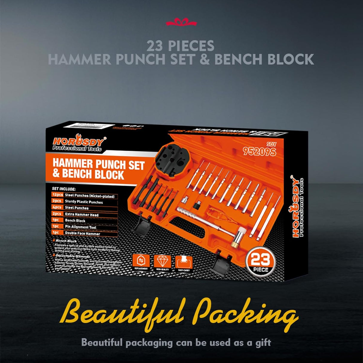 HORUSDY 23-piece gunsmith hammer and punch set with magnetic bench block and multi-material punch tips in orange storage case.