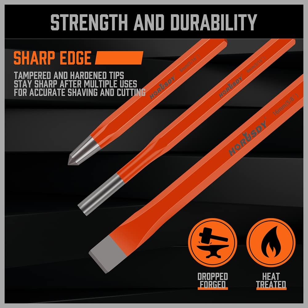 HORUSDY 12-piece CR-V punch and chisel set with cold chisels, pin punches, center punch, and storage box for metalworking and construction.