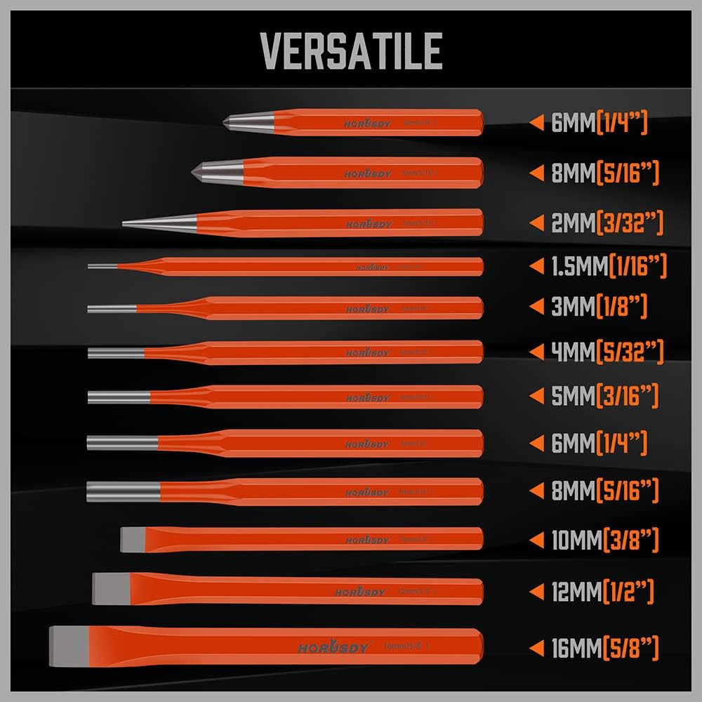 HORUSDY 12-piece CR-V punch and chisel set with cold chisels, pin punches, center punch, and storage box for metalworking and construction.