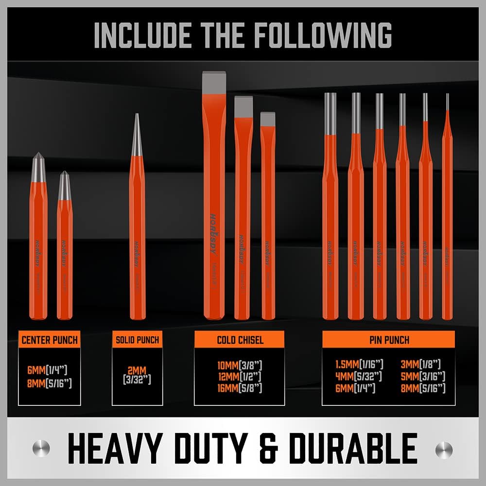 HORUSDY 12-piece CR-V punch and chisel set with cold chisels, pin punches, center punch, and storage box for metalworking and construction.