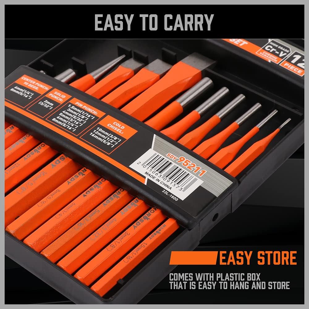 HORUSDY 12-piece CR-V punch and chisel set with cold chisels, pin punches, center punch, and storage box for metalworking and construction.