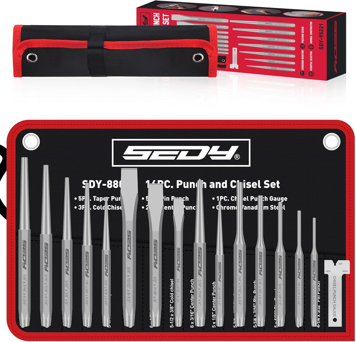SEDY 16-Piece Punch and Chisel Set with CR-V Steel Construction, Heavy-Duty Design, High Rockwell Hardness, and Convenient Carry Pouch