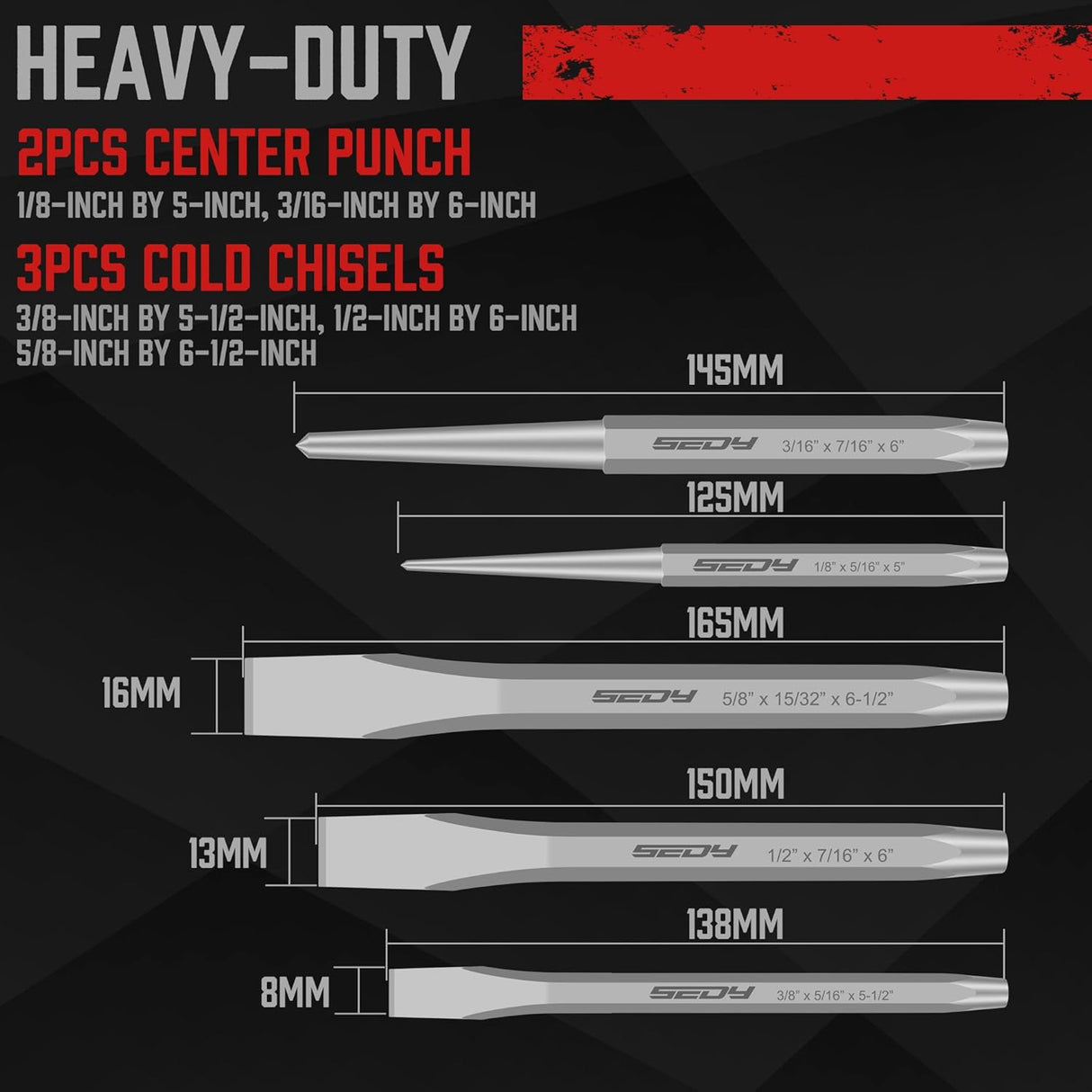 SEDY 16-Piece Punch and Chisel Set with CR-V Steel Construction, Heavy-Duty Design, High Rockwell Hardness, and Convenient Carry Pouch