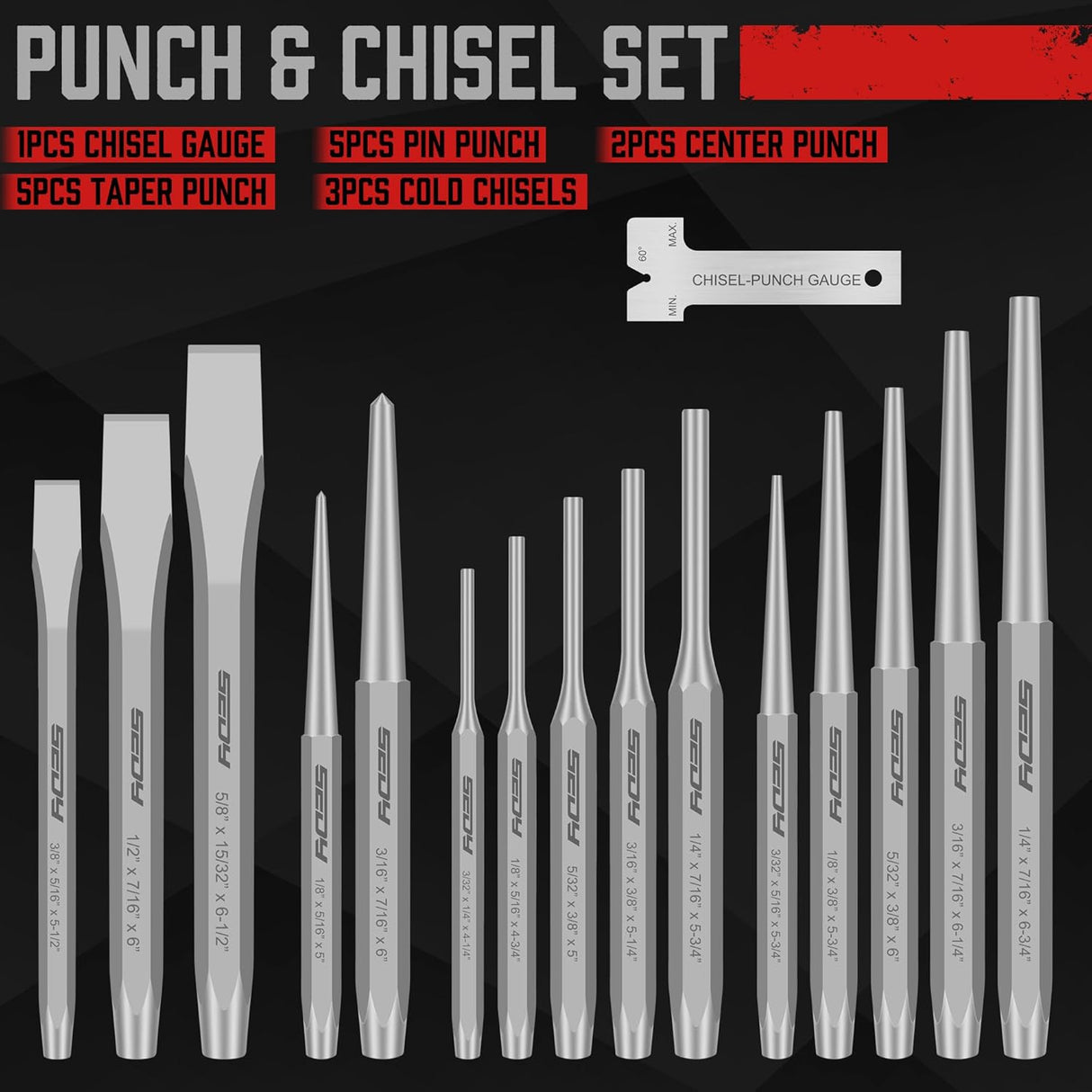 SEDY 16-Piece Punch and Chisel Set with CR-V Steel Construction, Heavy-Duty Design, High Rockwell Hardness, and Convenient Carry Pouch