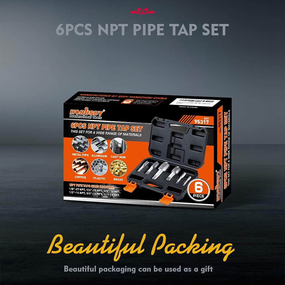 6-piece HORUSDY NPT pipe tap set with carbon steel construction, includes SAE sizes 1/8" to 1", in durable storage case.