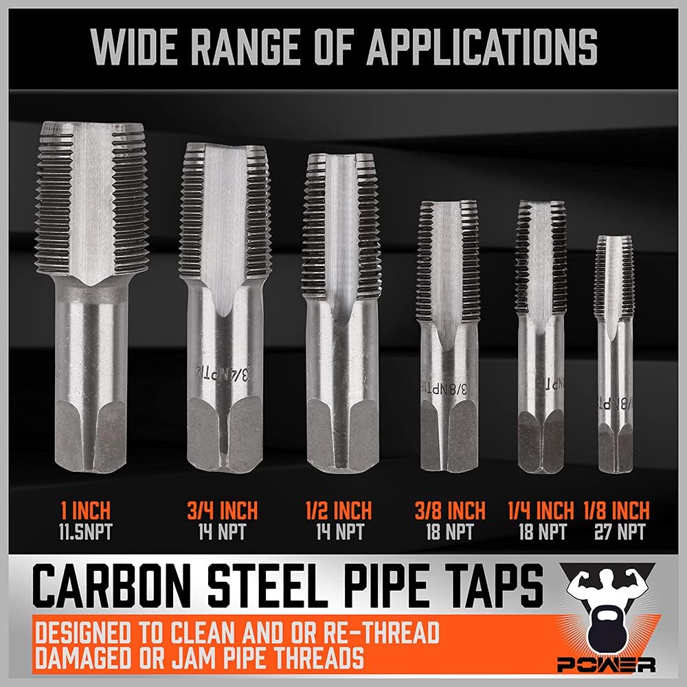 6-piece HORUSDY NPT pipe tap set with carbon steel construction, includes SAE sizes 1/8" to 1", in durable storage case.