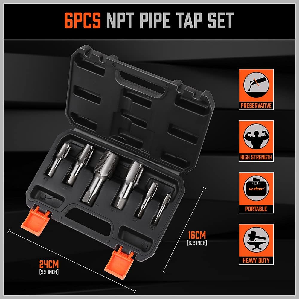 6-piece HORUSDY NPT pipe tap set with carbon steel construction, includes SAE sizes 1/8" to 1", in durable storage case.