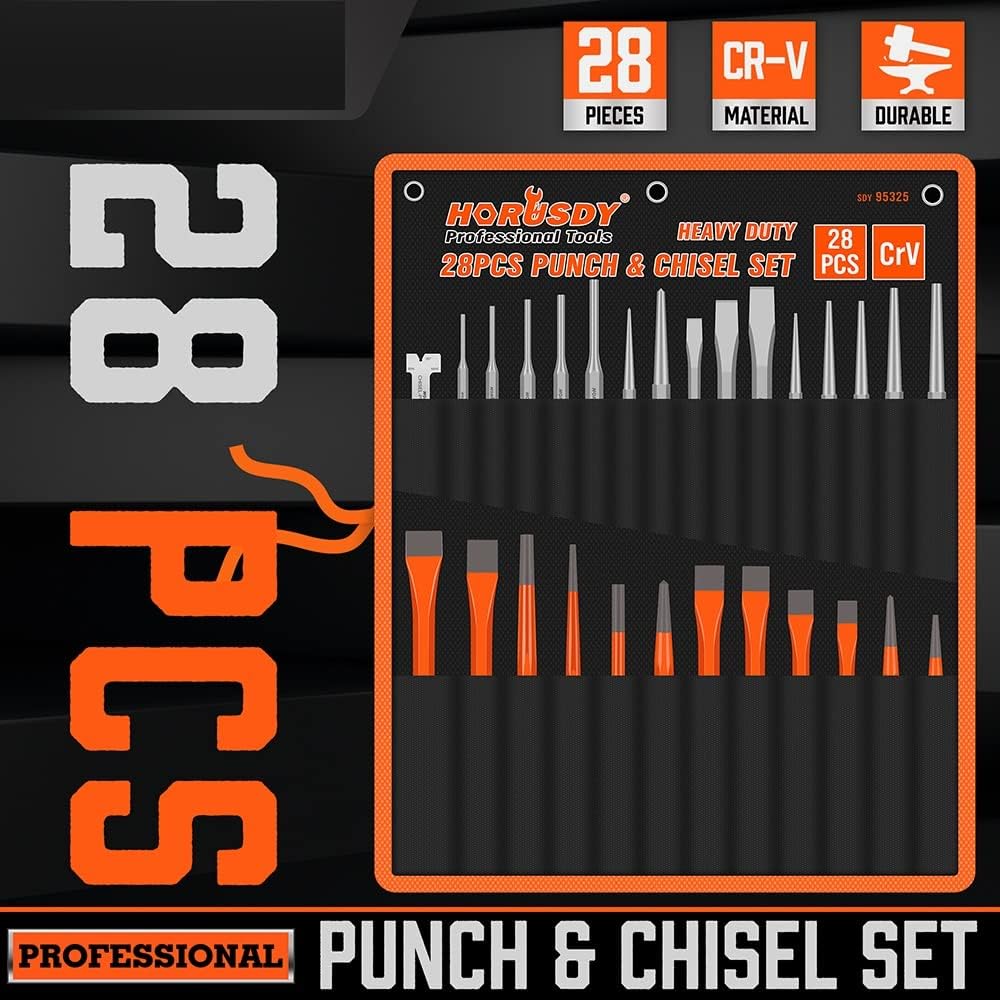 HORUSDY 28-piece punch and chisel set with heavy-duty CR-V steel construction, chisel angle gauge, and durable roll-up canvas pouch.